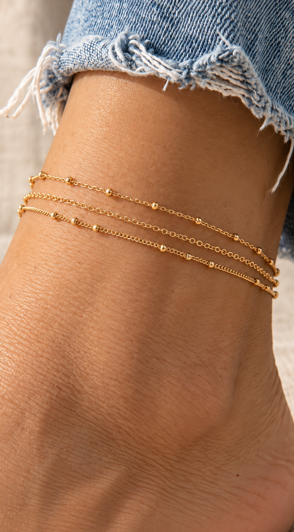 Gold Layered Bead Station Triple Chain Anklet
