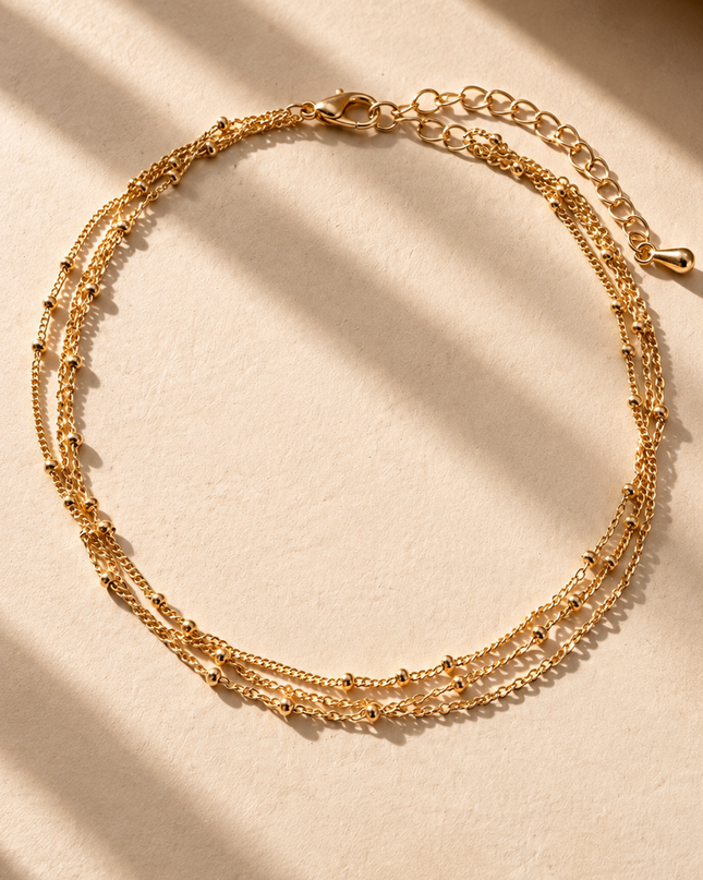 Gold Layered Bead Station Triple Chain Anklet