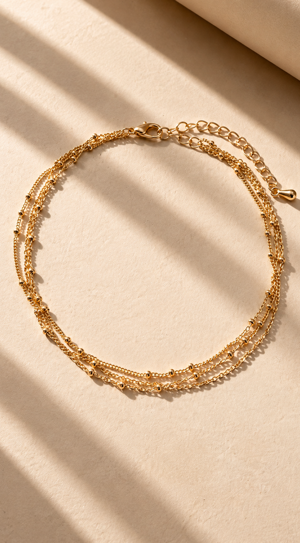 Gold Layered Bead Station Triple Chain Anklet