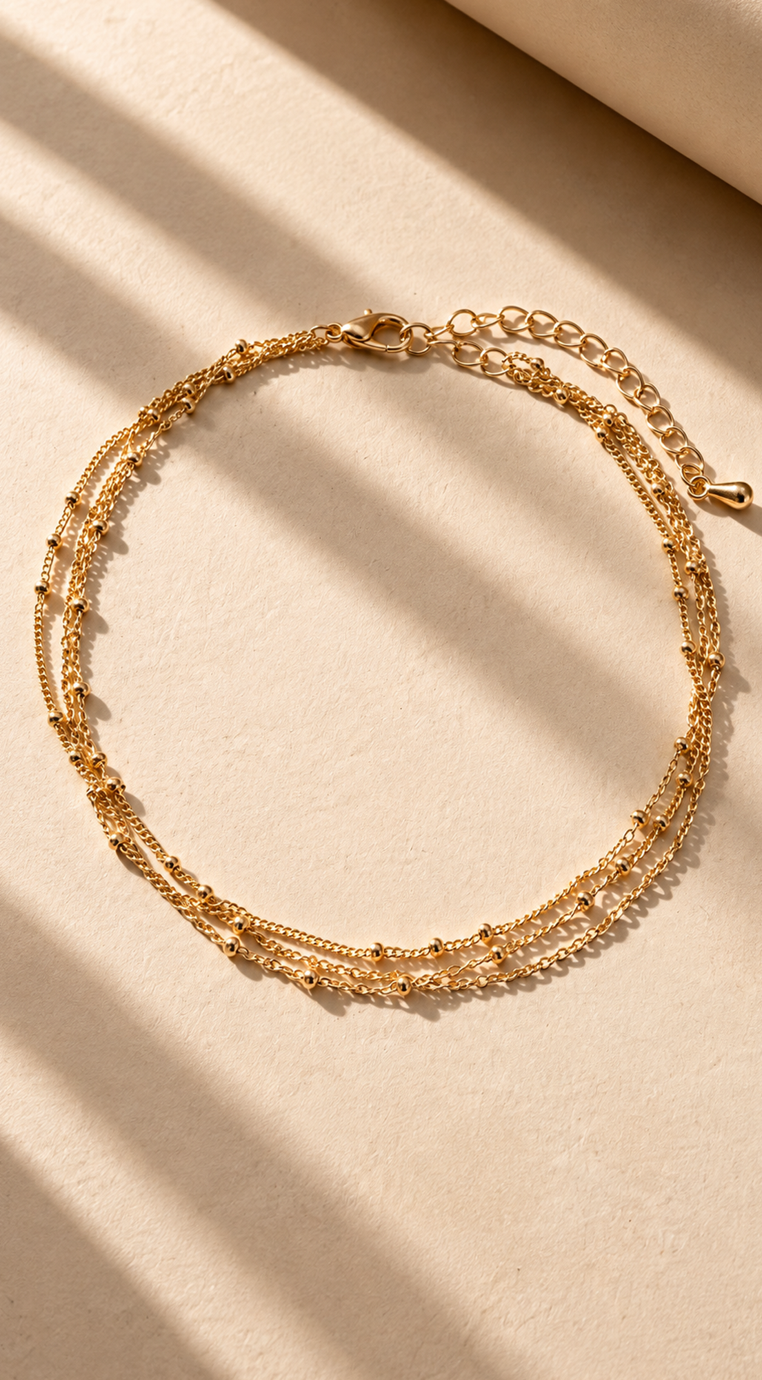 Gold Layered Bead Station Triple Chain Anklet
