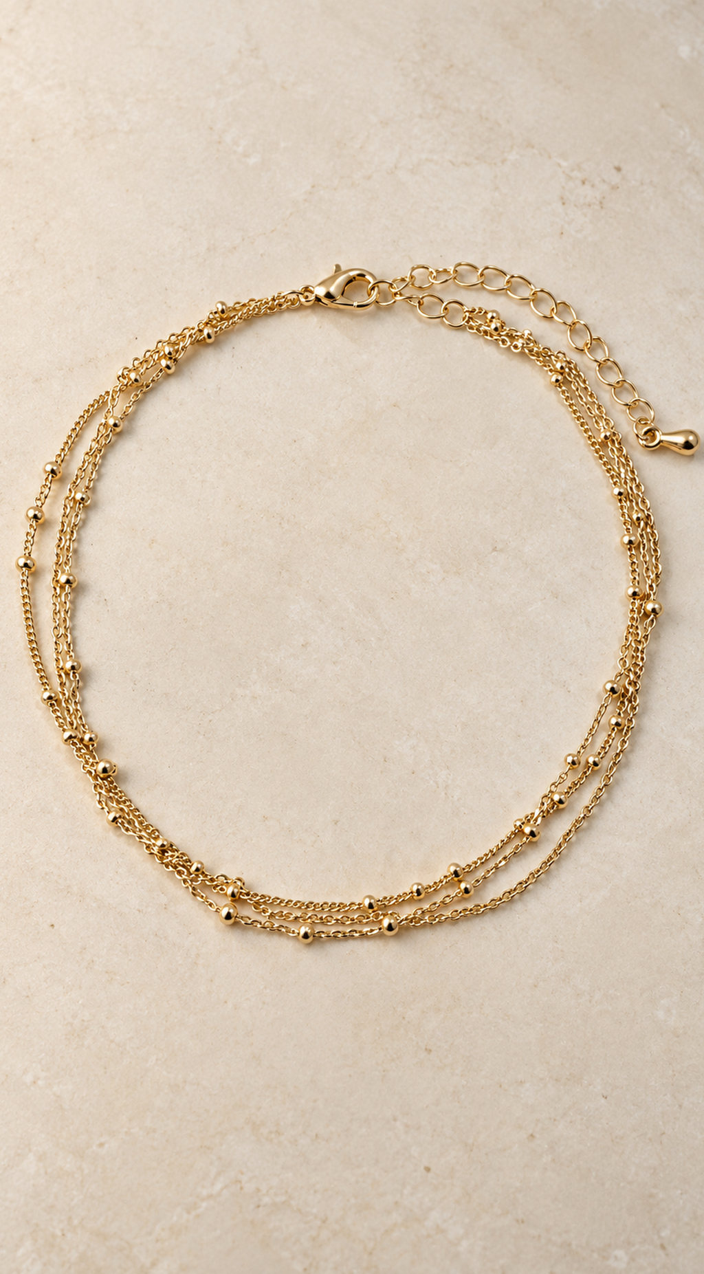 Gold Layered Bead Station Triple Chain Anklet