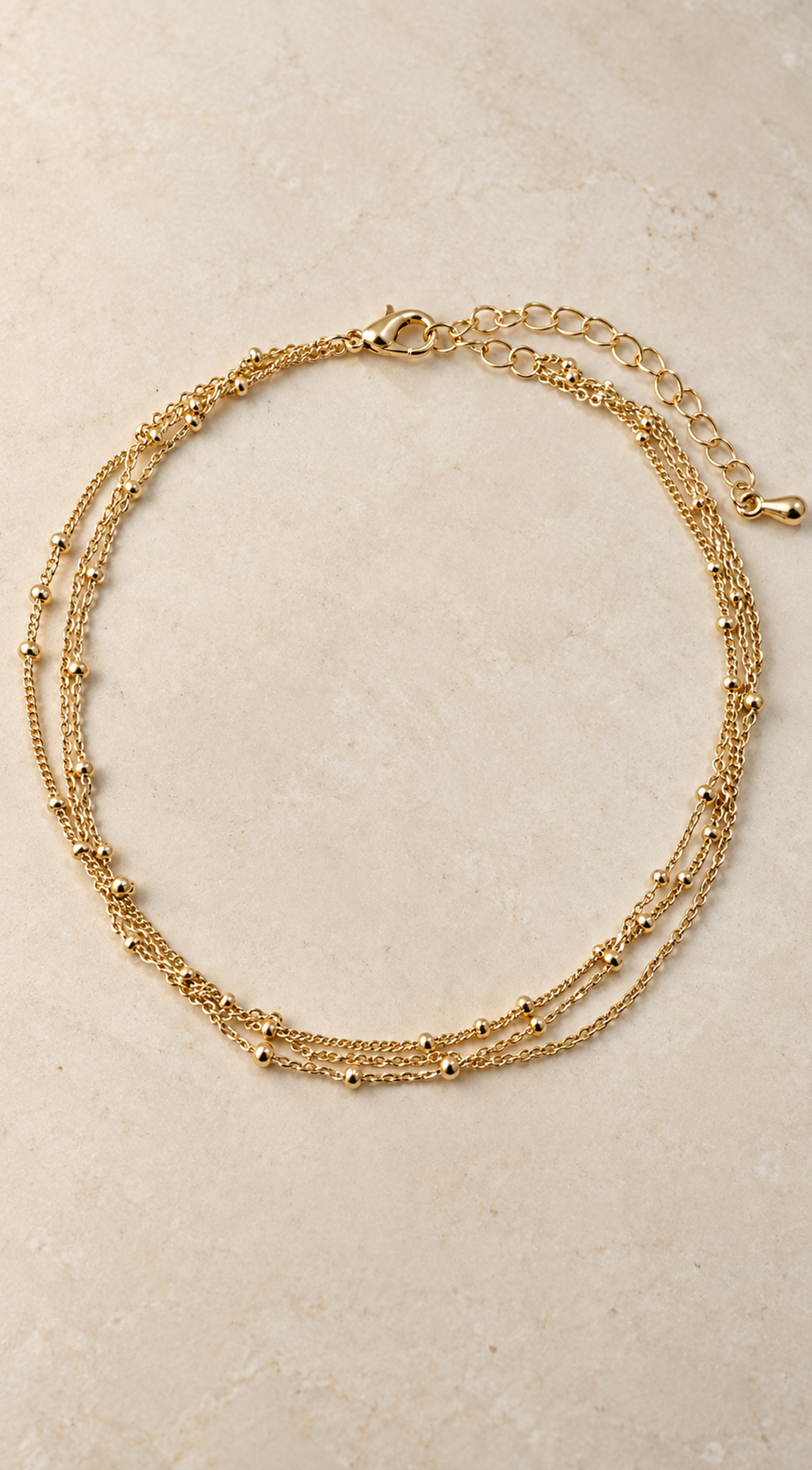 Gold Layered Bead Station Triple Chain Anklet