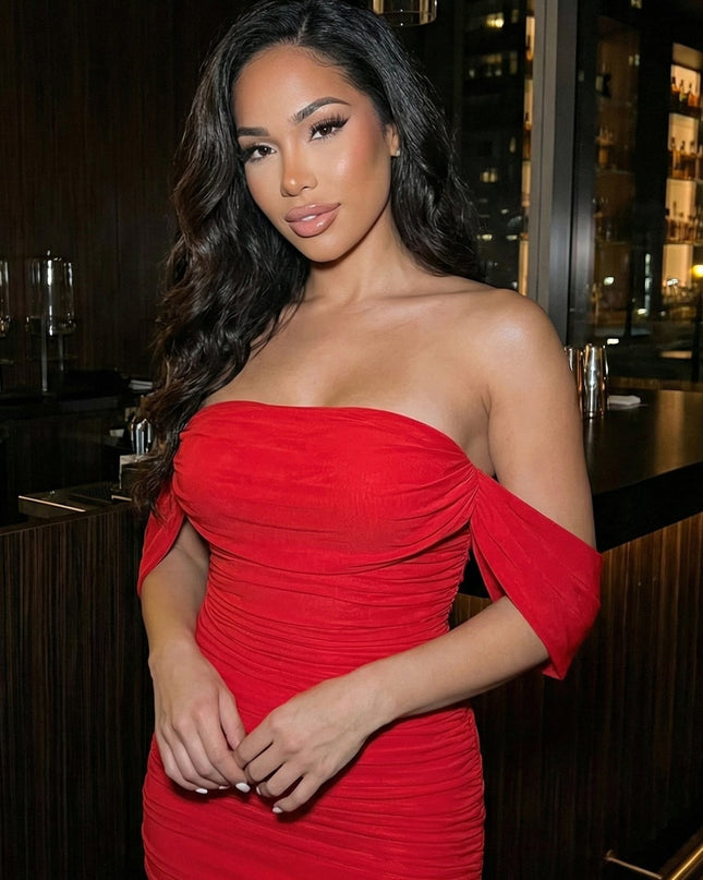 Red Mesh Off Shoulder Dress