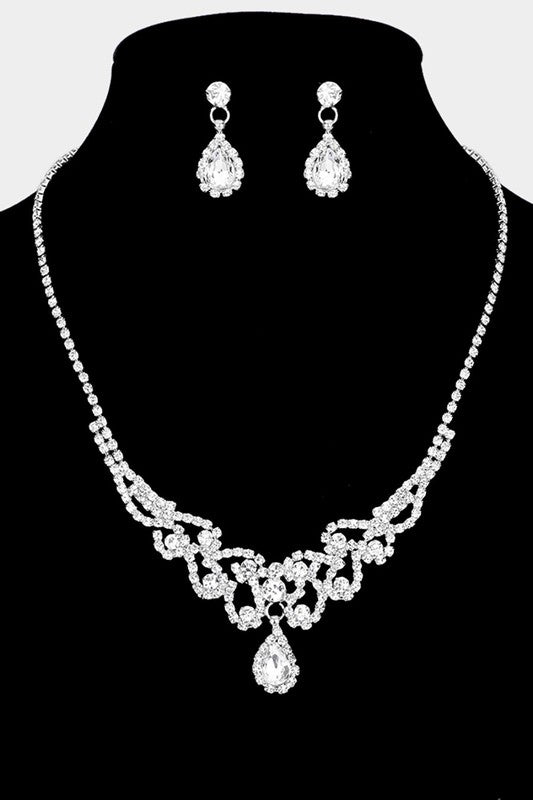 Silver Teardrop Stone Rhinestone Necklace & Earrings Set