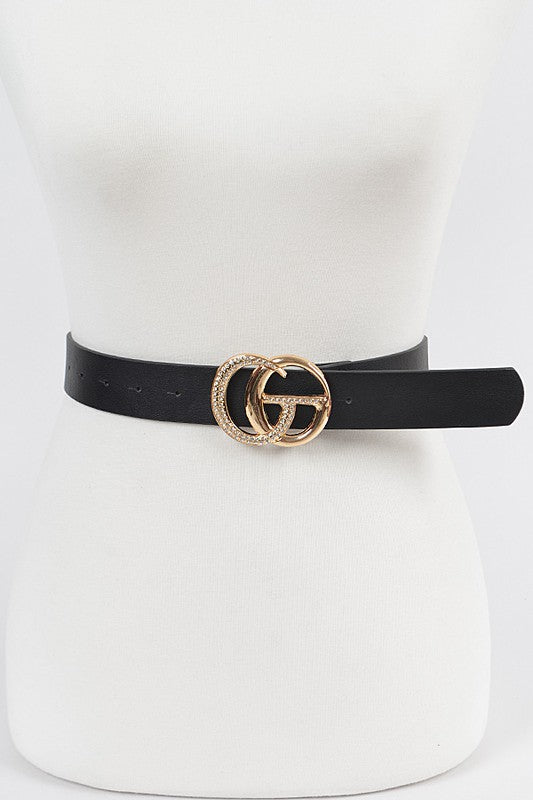 Black Rhinestone Double G Buckle Faux Leather Belt