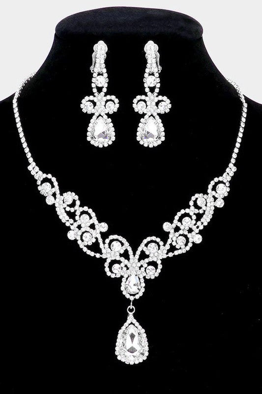 Silver Teardrop Crystal Rhinestone Vine Drop Collar Necklace & Clip on Earrings Set