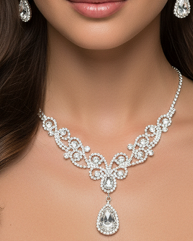 Silver Teardrop Crystal Rhinestone Vine Drop Collar Necklace & Clip on Earrings Set