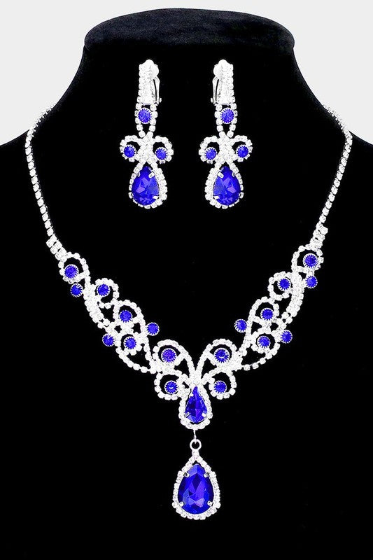 Blue Teardrop Crystal Rhinestone Vine Drop Collar Necklace & Clip on Earrings Set