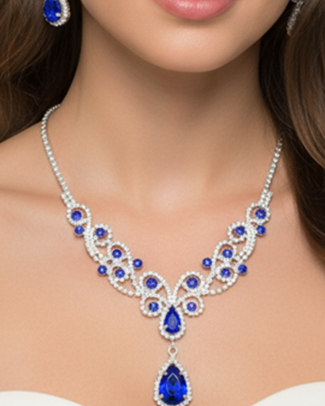 Blue Teardrop Crystal Rhinestone Vine Drop Collar Necklace & Clip on Earrings Set