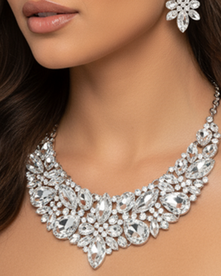 Silver Multi Stone Evening Necklace & Earrings Set