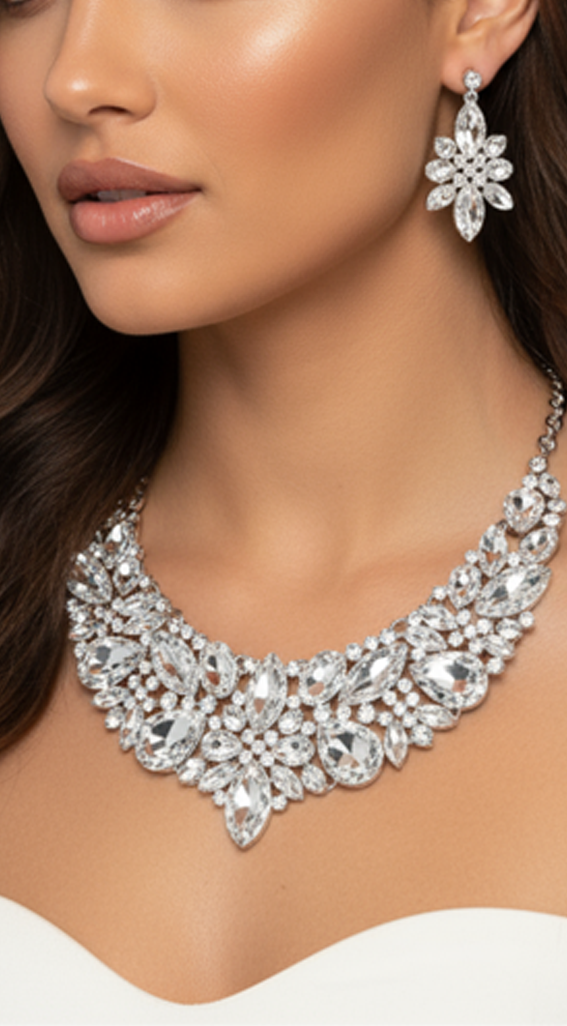 Silver Multi Stone Evening Necklace & Earrings Set