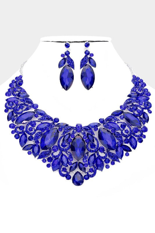 Blue Sapphire Leaf Marquise Stone Necklace & Earrings Set