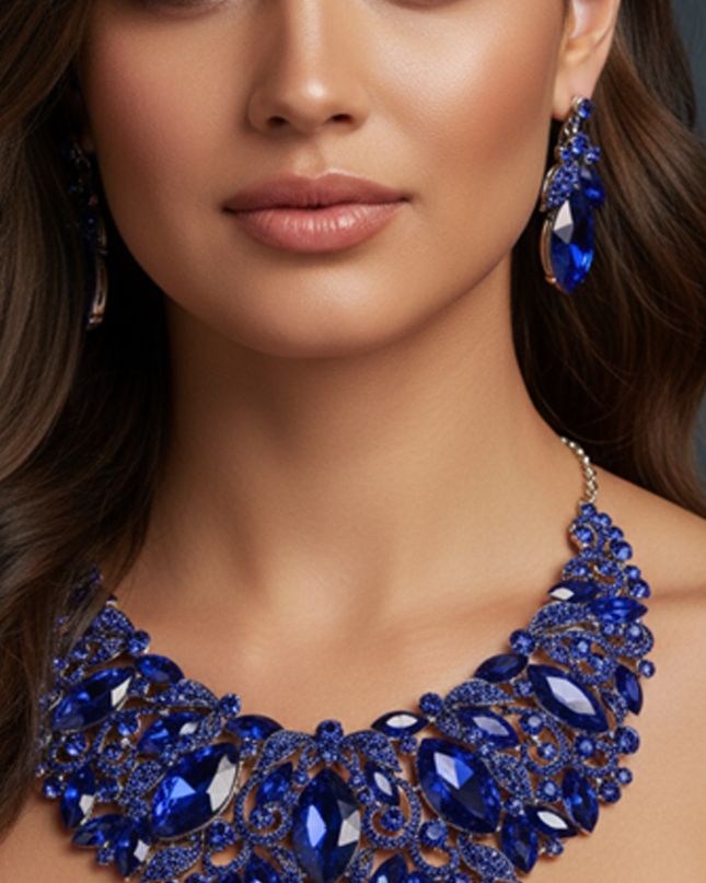 Blue Sapphire Leaf Marquise Stone Necklace & Earrings Set