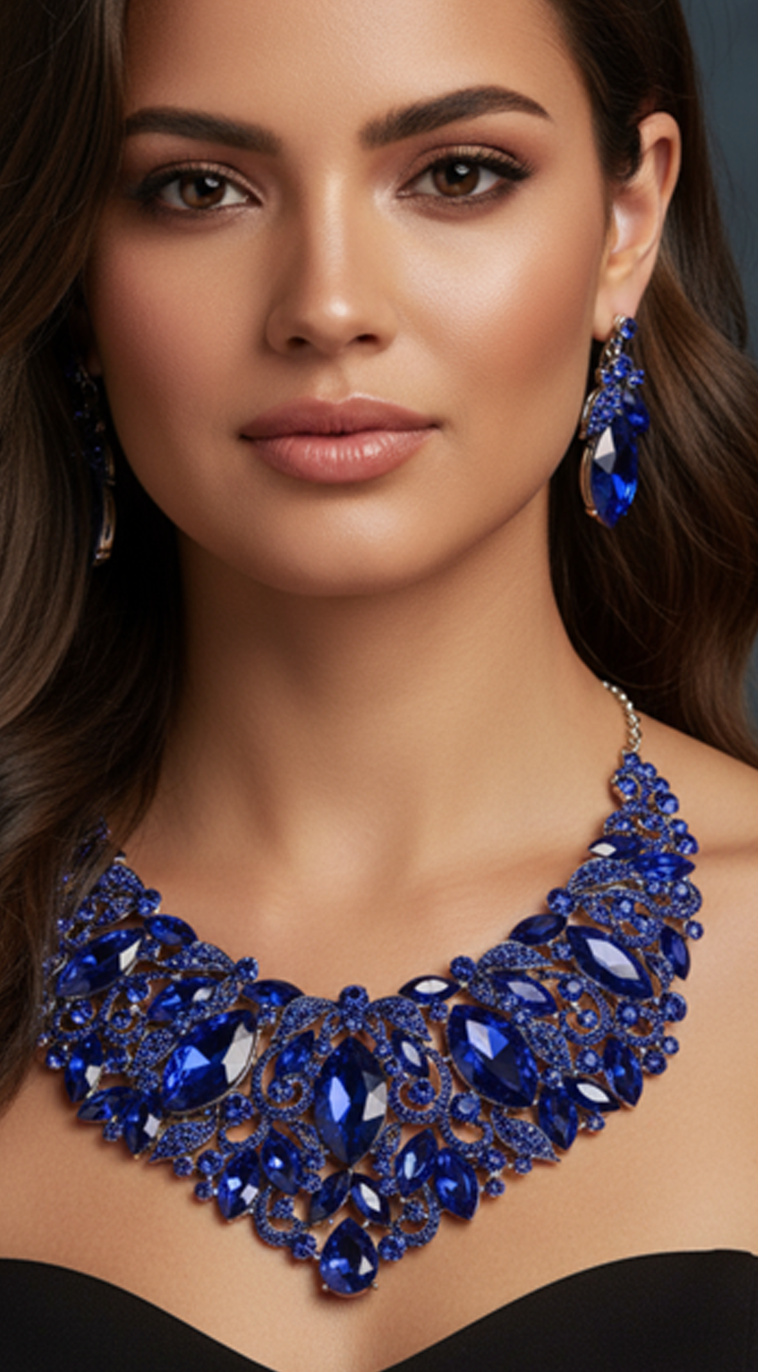 Blue Sapphire Leaf Marquise Stone Necklace & Earrings Set