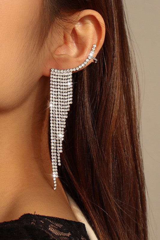 Rhinestone Silver Long Fringe Climber Earrings