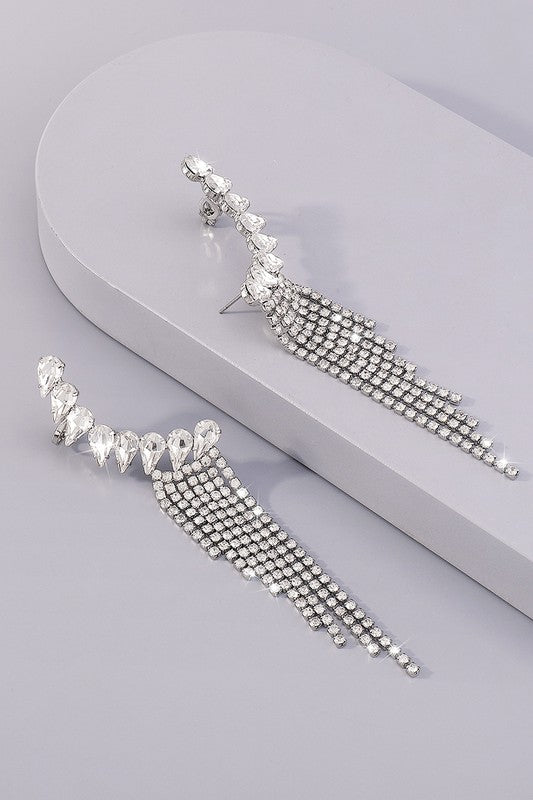 Shiny Silver Rhinestone Long Fringe Drop Earrings