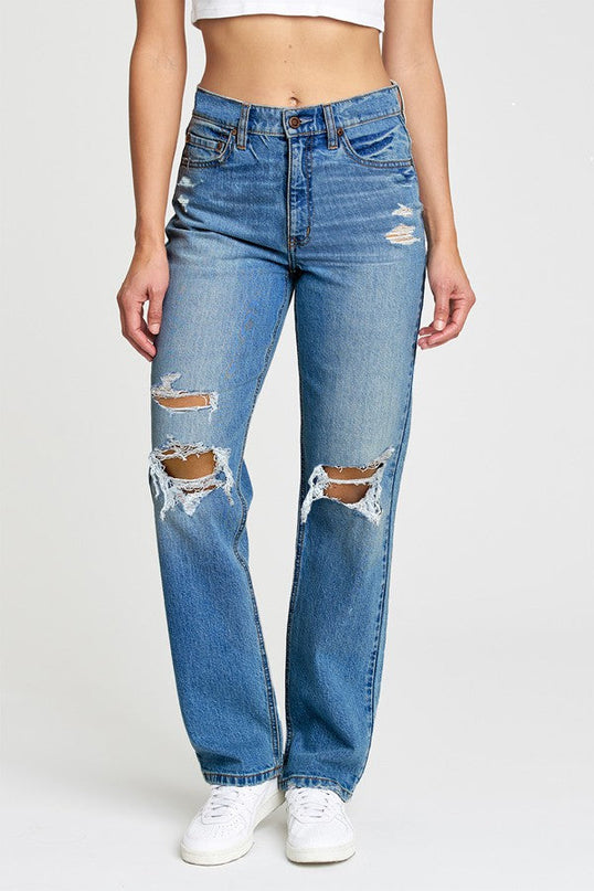 Blue Distressed Relaxed Staright Leg Denim Jeans
