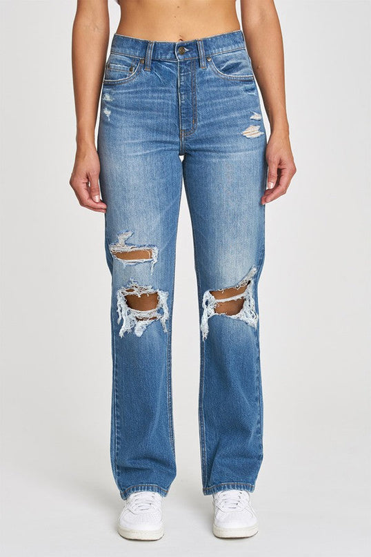 Blue Distressed Relaxed Staright Leg Denim Jeans