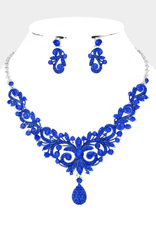 Blue Sapphire Rhinestone Embellished Teardrop Necklace & Earrings Set