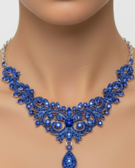 Blue Sapphire Rhinestone Embellished Teardrop Necklace & Earrings Set