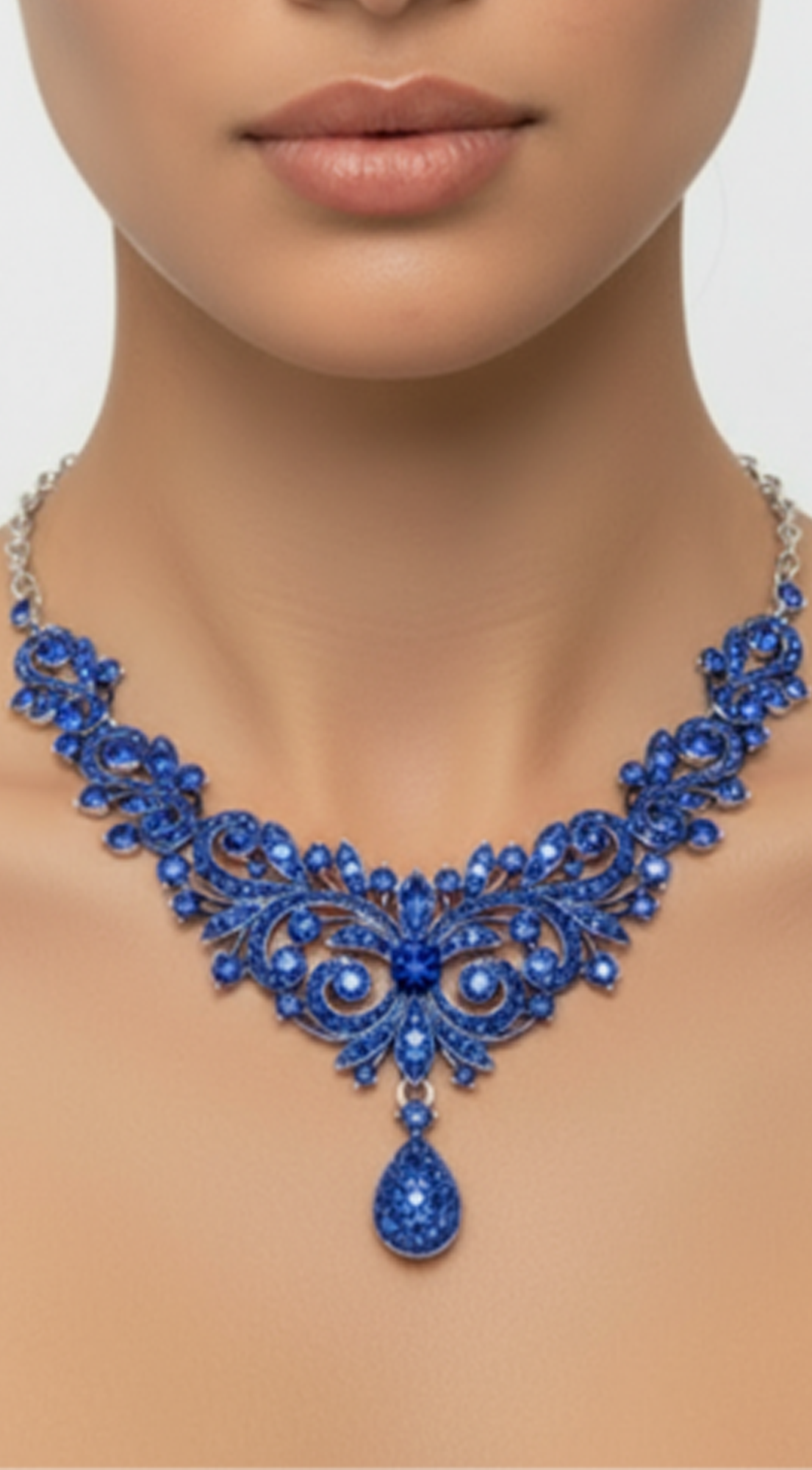 Blue Sapphire Rhinestone Embellished Teardrop Necklace & Earrings Set