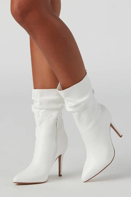 White Faux Leather Ruched High Heel Booties
