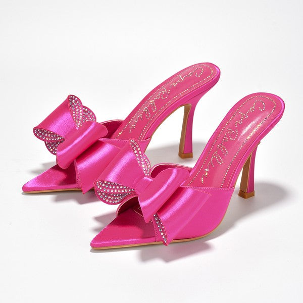 Pink Satin Embellished Bow-Tie Mule