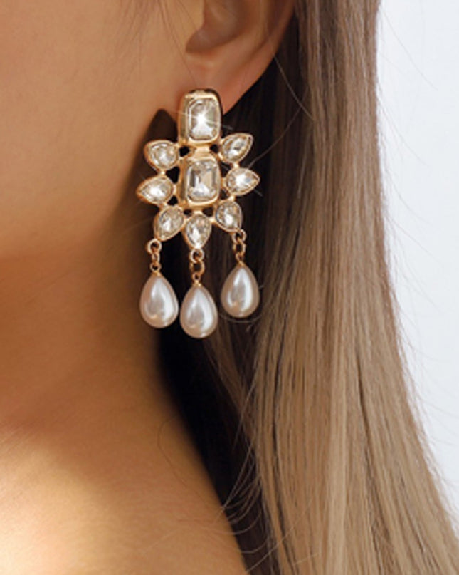 Gold Pearl Rhinestone Drop Earrings