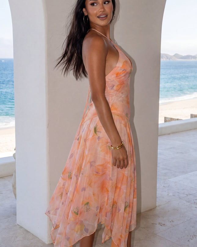 Orange Multi Floral Halter Asymmetric Midi Dress