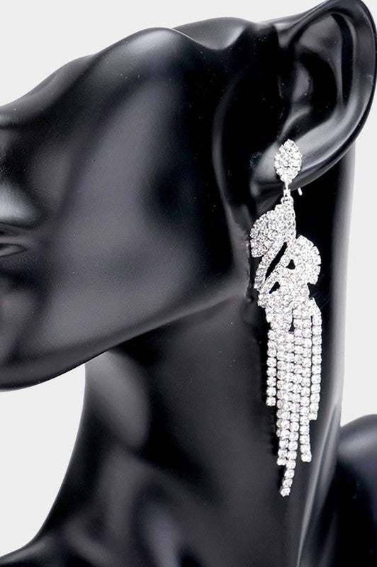 Silver Crystal Leaf Drop Rhinestone Earrings
