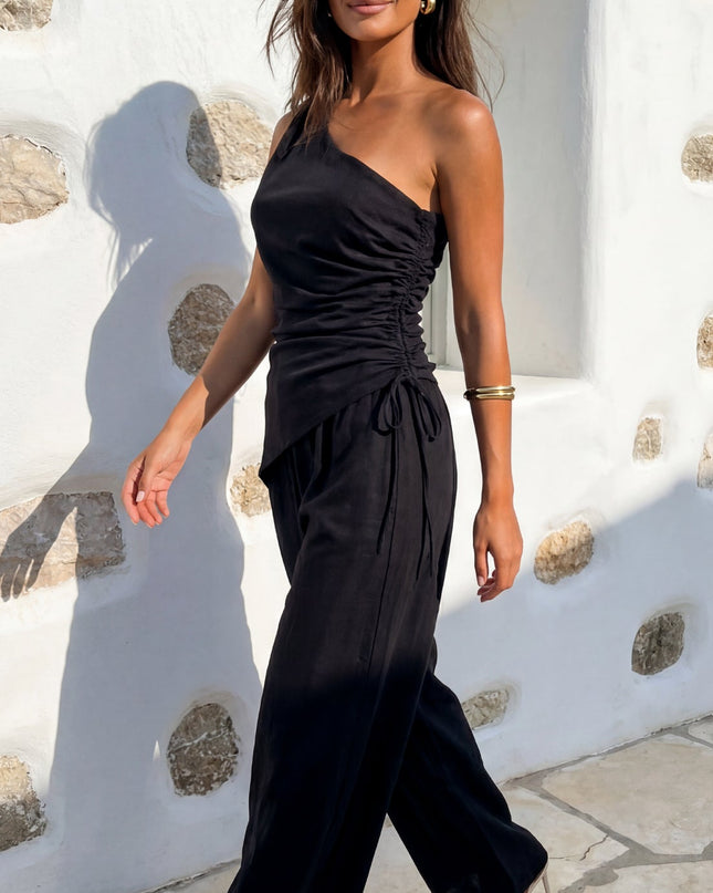 Black Linen One Shoulder Set