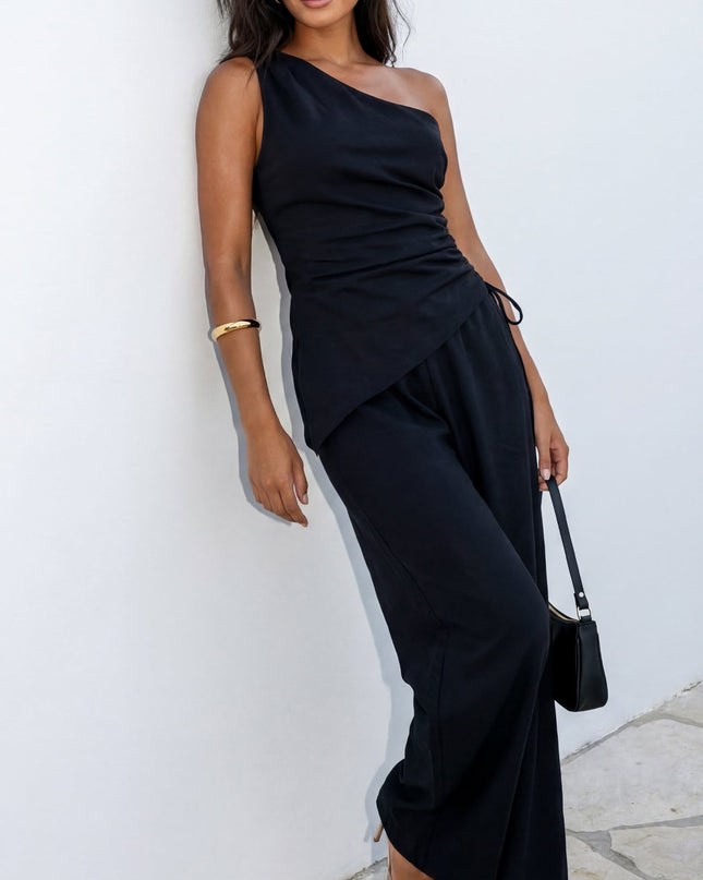 Black Linen One Shoulder Set