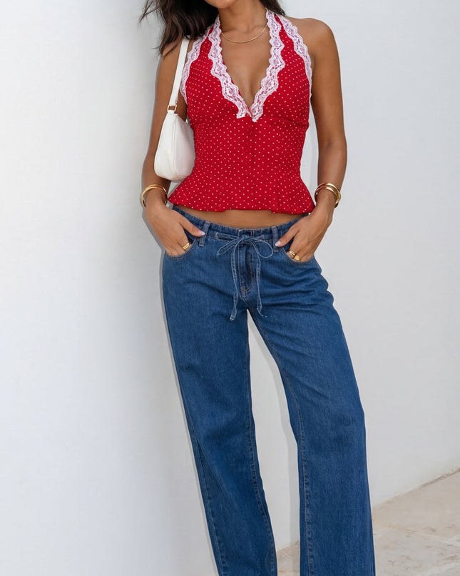 Blue Drawstring Wide Leg Denim Pants