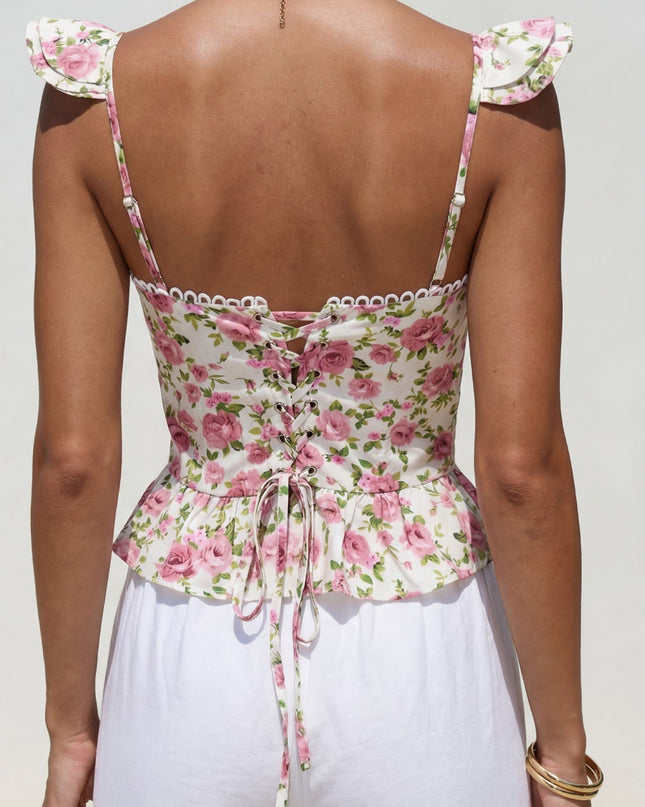 Cream Floral Corset Ruffle Top
