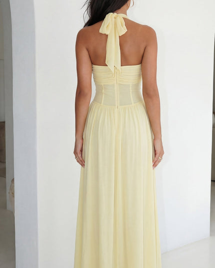 Butter Yellow Halter Mesh Maxi Dress