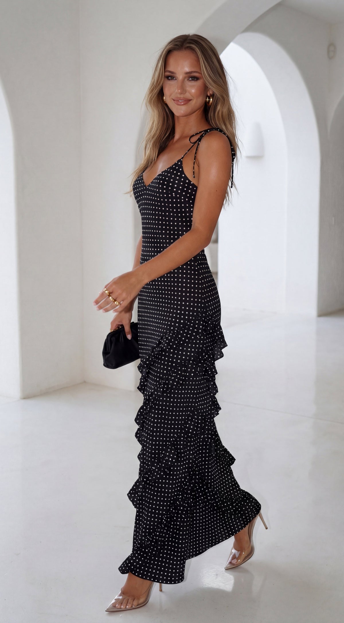 Black Polka Dot Ruffle Maxi Dress