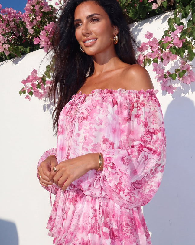 Pink Floral Off-Shoulder Mini Dress