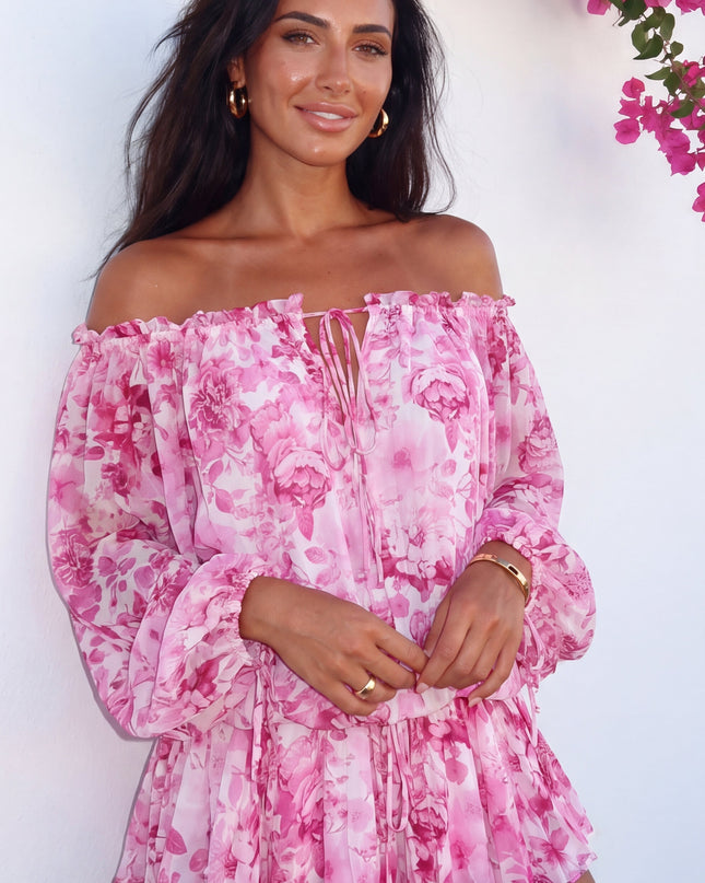 Pink Floral Off-Shoulder Mini Dress