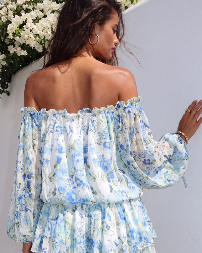 Blue Multi Floral Off-Shoulder Mini Dress