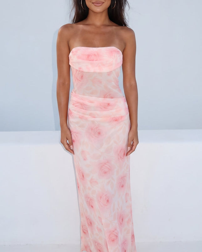 Pink Strapless Floral Maxi Dress