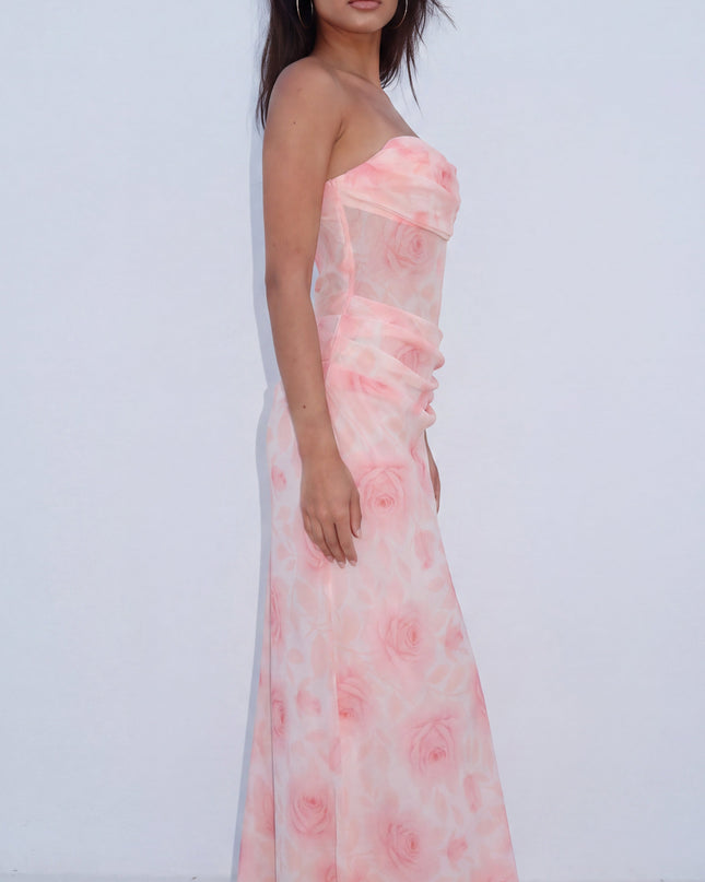 Pink Strapless Floral Maxi Dress