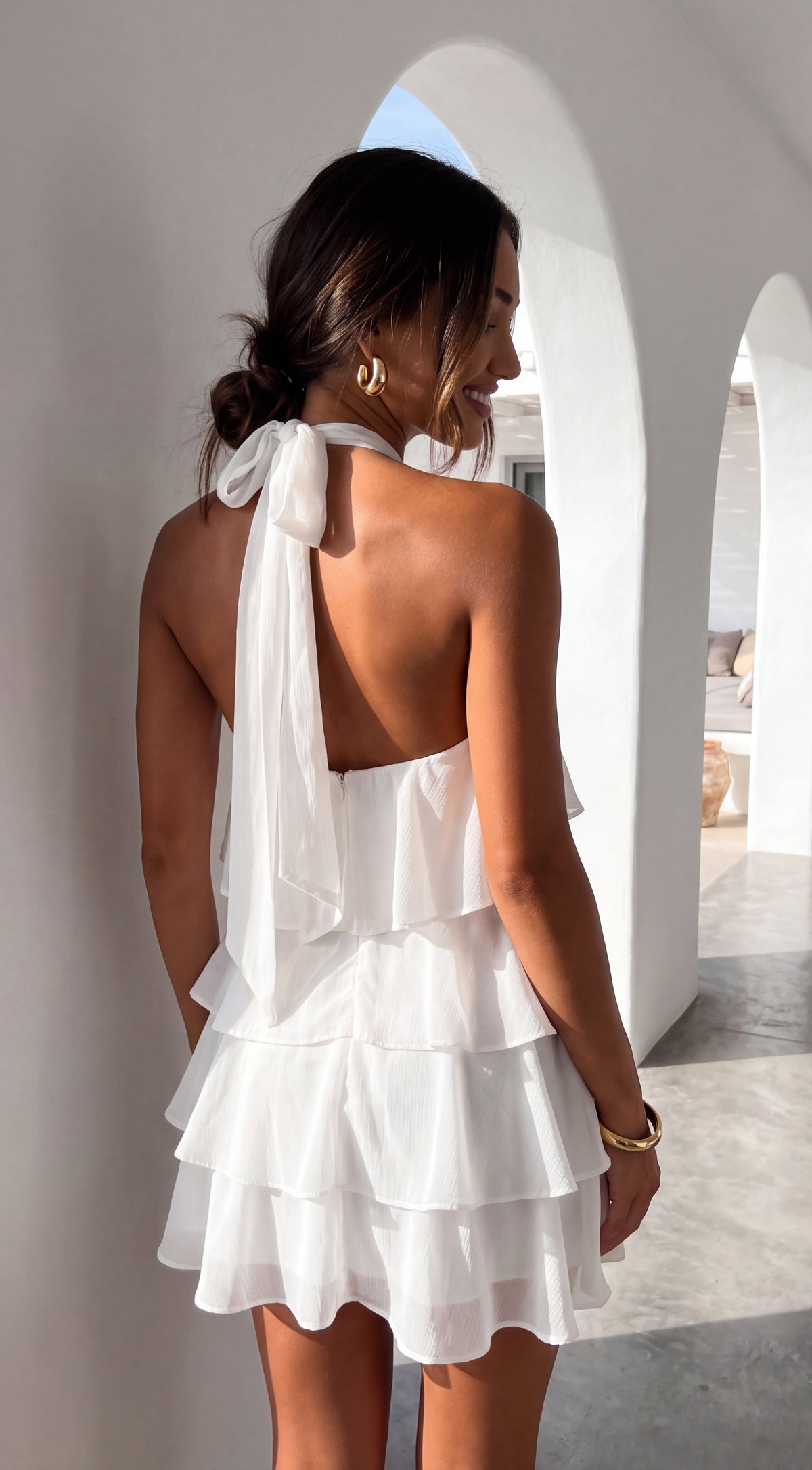White Rosette Ruffle Halter Mini Dress