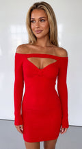 Red Cutout Off Shoulder Ribbed Mini Dress