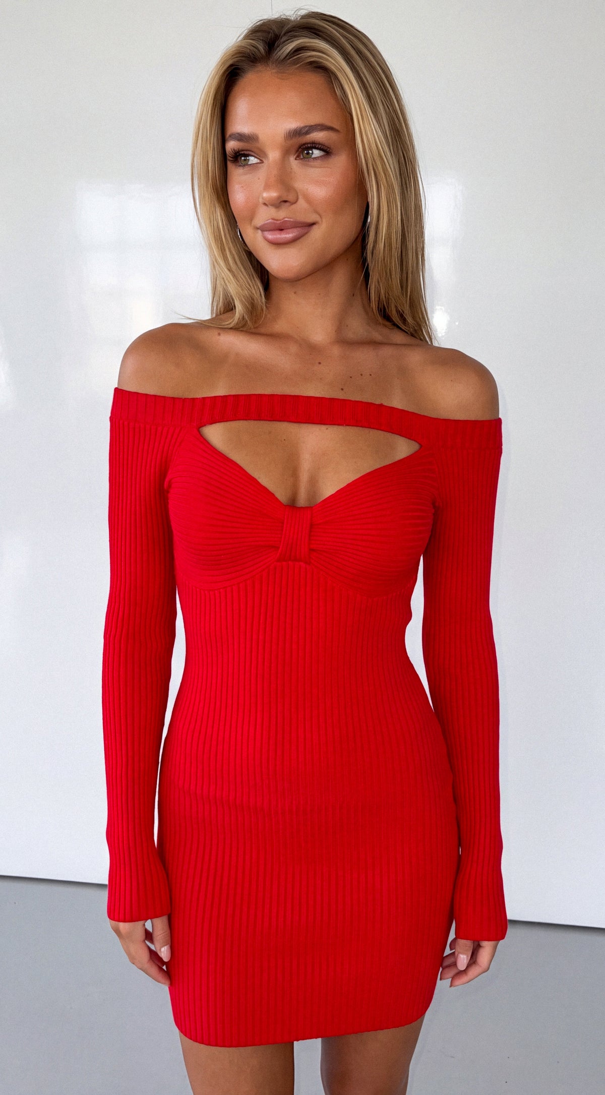 Red Cutout Off Shoulder Ribbed Mini Dress