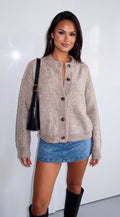 Latte Beige Ribbed Trim Knit Cardigan