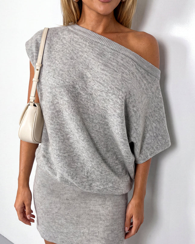Gray Off Shoulder Drop Waist Sweater Dress
