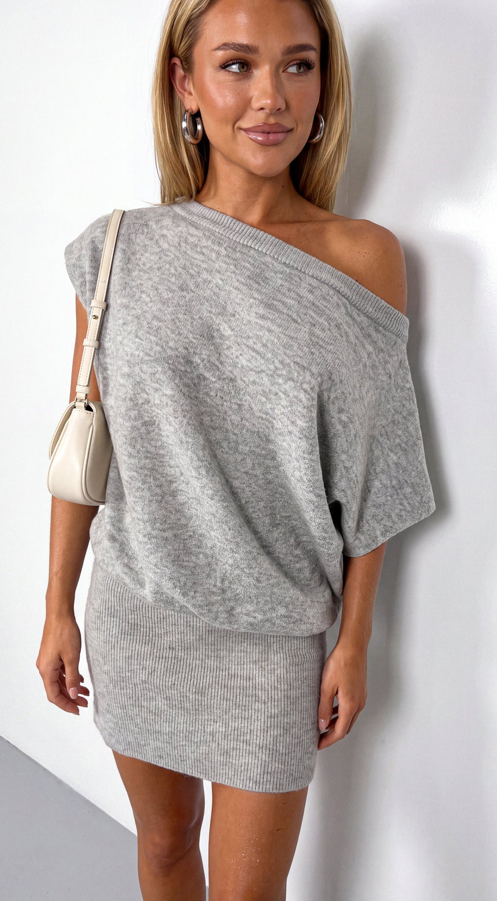 Gray Off Shoulder Drop Waist Sweater Dress