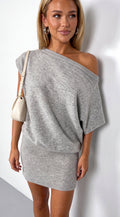 Gray Off Shoulder Drop Waist Sweater Dress