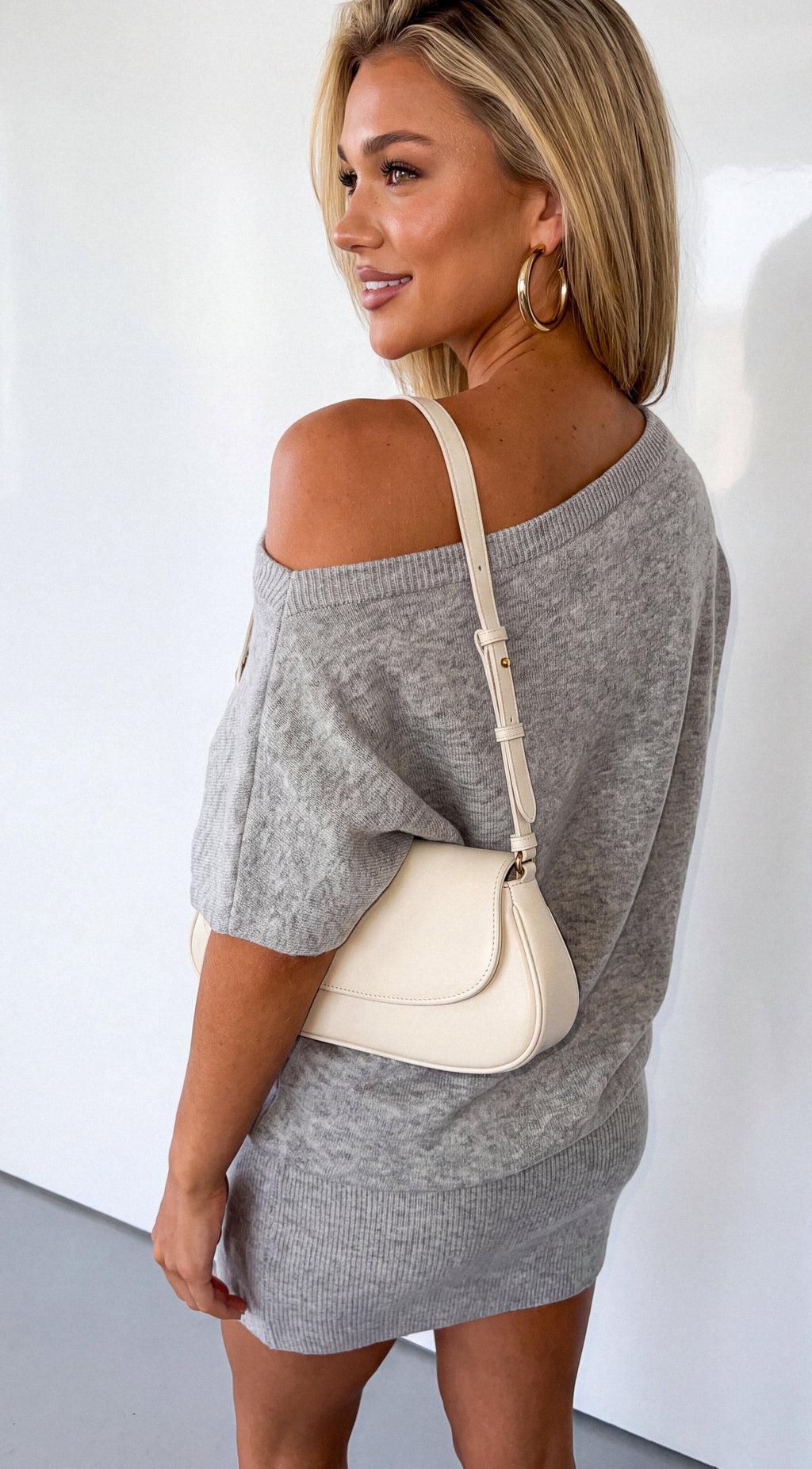 Gray Off Shoulder Drop Waist Sweater Dress
