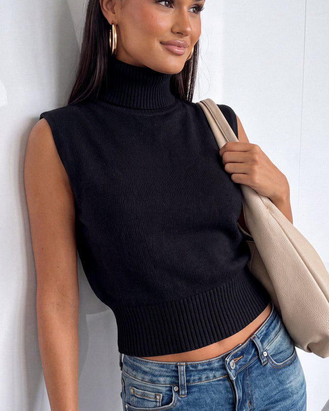 Black Sleeveless High Neck Knit Sweater